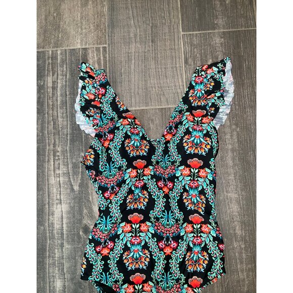 Jessica Simpson Floral Print Ruffled One-Piece Swimsuit Size Medium - Picture 2 of 4
